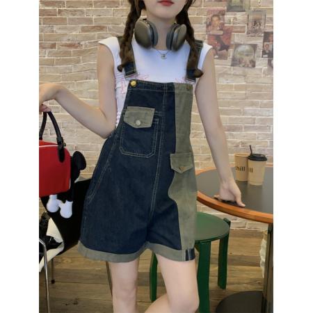 复古卷边牛仔背带短裤女夏季新款洋气减龄百搭显瘦工装连体裤  服裝批發女裝批發服飾貨源