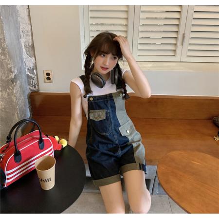 复古卷边牛仔背带短裤女夏季新款洋气减龄百搭显瘦工装连体裤  服裝批發女裝批發服飾貨源