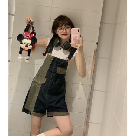 复古卷边牛仔背带短裤女夏季新款洋气减龄百搭显瘦工装连体裤  服裝批發女裝批發服飾貨源