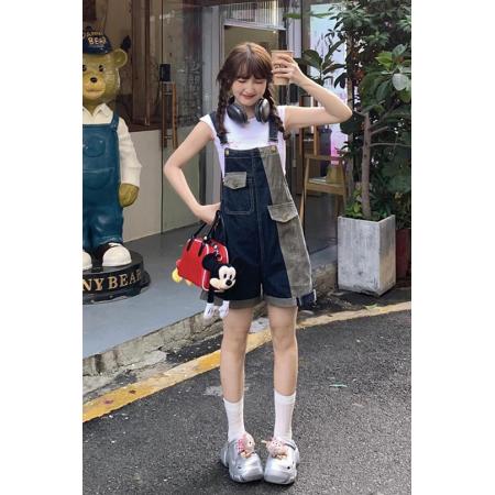 复古卷边牛仔背带短裤女夏季新款洋气减龄百搭显瘦工装连体裤  服裝批發女裝批發服飾貨源