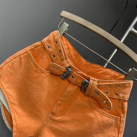 夏季新款桔色辣妹显腿长牛仔短裤高腰百搭漏口袋a字热裤潮  服裝批發女裝批發服飾貨源