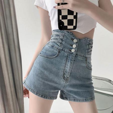 弹力包臀直筒裤a字新款排扣交叉设计感ins修身阔腿高腰牛仔短裤女  服裝批發女裝批發服飾貨源