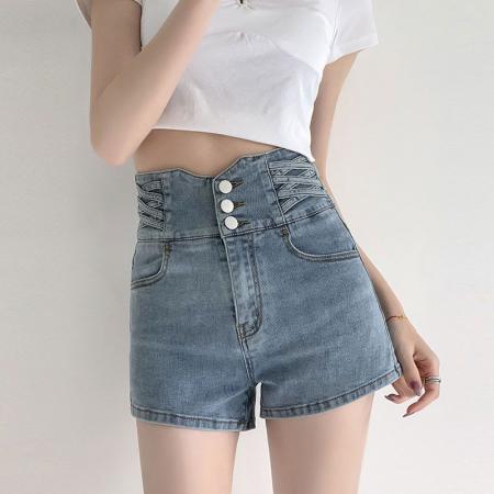 弹力包臀直筒裤a字新款排扣交叉设计感ins修身阔腿高腰牛仔短裤女  服裝批發女裝批發服飾貨源