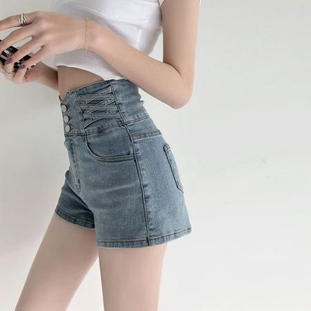 弹力包臀直筒裤a字新款排扣交叉设计感ins修身阔腿高腰牛仔短裤女  服裝批發女裝批發服飾貨源