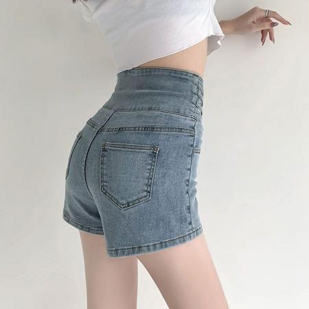 弹力包臀直筒裤a字新款排扣交叉设计感ins修身阔腿高腰牛仔短裤女  服裝批發女裝批發服飾貨源