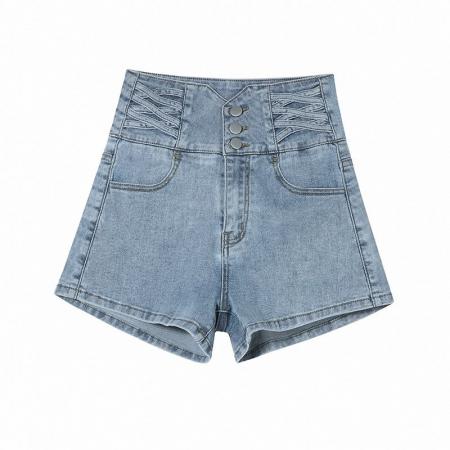 弹力包臀直筒裤a字新款排扣交叉设计感ins修身阔腿高腰牛仔短裤女  服裝批發女裝批發服飾貨源