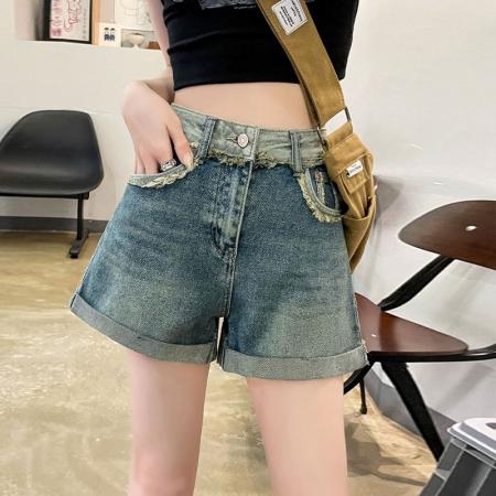 卷边牛仔裤女撞色毛边a字直筒百搭高腰阔腿裤ins薄款休闲短裤子女  服裝批發女裝批發服飾貨源