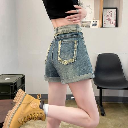 卷边牛仔裤女撞色毛边a字直筒百搭高腰阔腿裤ins薄款休闲短裤子女  服裝批發女裝批發服飾貨源