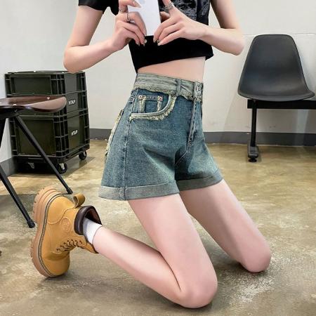 卷边牛仔裤女撞色毛边a字直筒百搭高腰阔腿裤ins薄款休闲短裤子女  服裝批發女裝批發服飾貨源