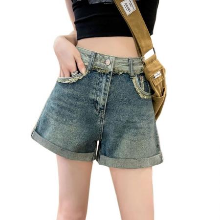 卷边牛仔裤女撞色毛边a字直筒百搭高腰阔腿裤ins薄款休闲短裤子女  服裝批發女裝批發服飾貨源