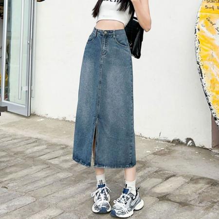 半身韩版牛仔裙女ins风设计感前开叉复古遮肉a字直筒包臀中长裙子  服裝批發女裝批發服飾貨源
