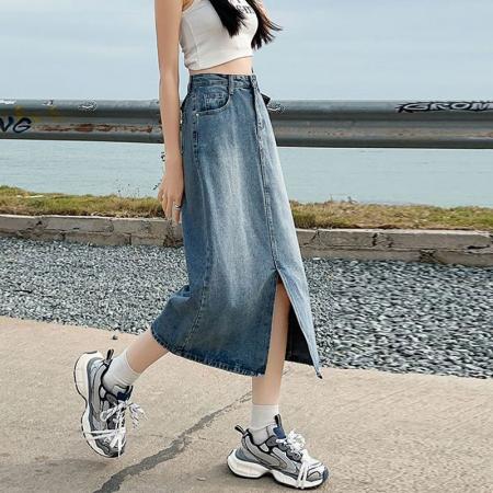 半身韩版牛仔裙女ins风设计感前开叉复古遮肉a字直筒包臀中长裙子  服裝批發女裝批發服飾貨源