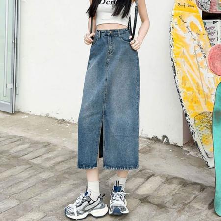 半身韩版牛仔裙女ins风设计感前开叉复古遮肉a字直筒包臀中长裙子  服裝批發女裝批發服飾貨源