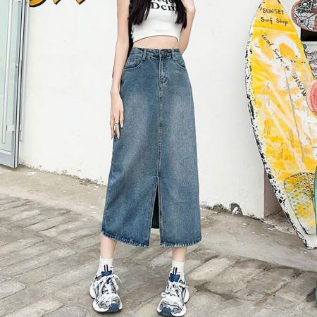 半身韩版牛仔裙女ins风设计感前开叉复古遮肉a字直筒包臀中长裙子  服裝批發女裝批發服飾貨源