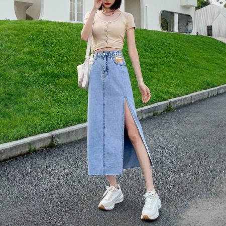 中长款半身裙女设计感ins风薄款夏小众高腰侧开叉包臀a字牛仔裙子  服裝批發女裝批發服飾貨源