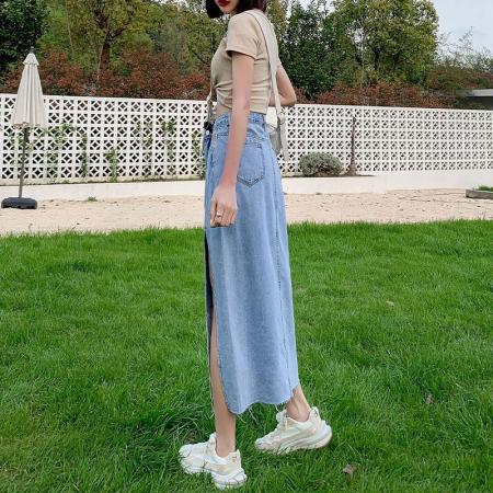 中长款半身裙女设计感ins风薄款夏小众高腰侧开叉包臀a字牛仔裙子  服裝批發女裝批發服飾貨源