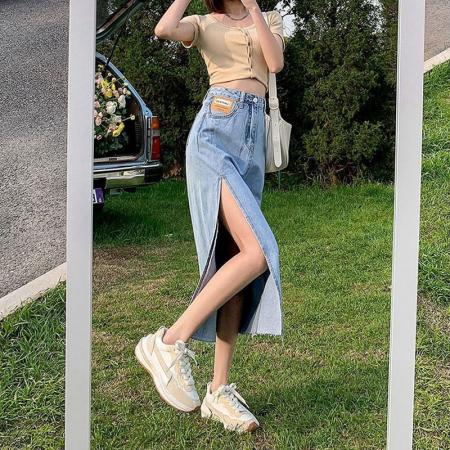 中长款半身裙女设计感ins风薄款夏小众高腰侧开叉包臀a字牛仔裙子  服裝批發女裝批發服飾貨源