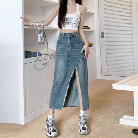 小众设计开叉牛仔半身裙女ins潮毛边a字直筒高腰不规则包臀中长裙  服裝批發女裝批發服飾貨源