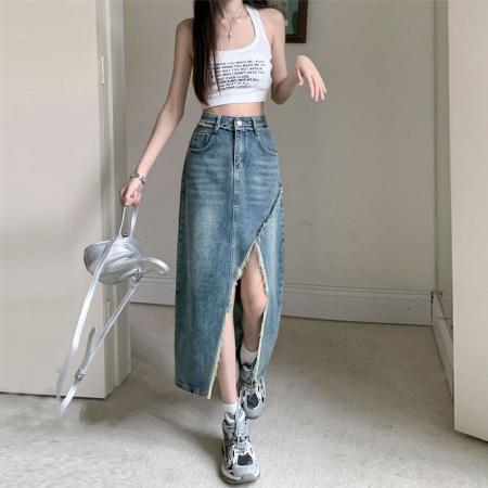 小众设计开叉牛仔半身裙女ins潮毛边a字直筒高腰不规则包臀中长裙  服裝批發女裝批發服飾貨源