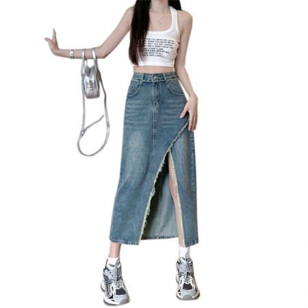 小众设计开叉牛仔半身裙女ins潮毛边a字直筒高腰不规则包臀中长裙  服裝批發女裝批發服飾貨源