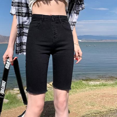 牛仔短裤女黑色薄款夏小个子百搭修身弹力直筒骑行中裤外穿五分裤  服裝批發女裝批發服飾貨源