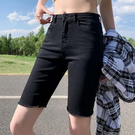 牛仔短裤女黑色薄款夏小个子百搭修身弹力直筒骑行中裤外穿五分裤  服裝批發女裝批發服飾貨源