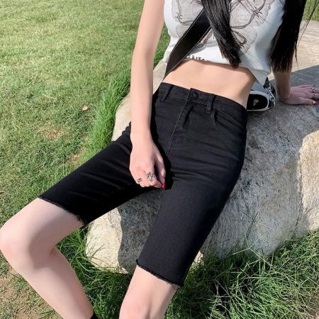 牛仔短裤女黑色薄款夏小个子百搭修身弹力直筒骑行中裤外穿五分裤  服裝批發女裝批發服飾貨源