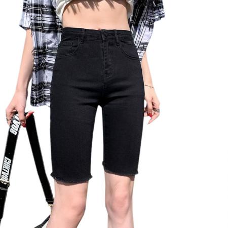 牛仔短裤女黑色薄款夏小个子百搭修身弹力直筒骑行中裤外穿五分裤  服裝批發女裝批發服飾貨源