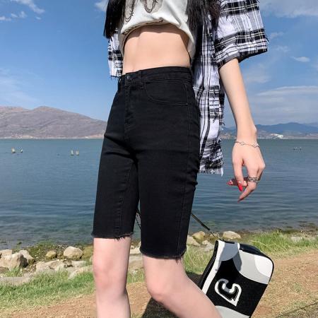 牛仔短裤女黑色薄款夏小个子百搭修身弹力直筒骑行中裤外穿五分裤  服裝批發女裝批發服飾貨源