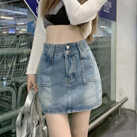 双扣短裙ins风复古半身裙女高腰a字防走光设计感小个子包臀牛仔裙  服裝批發女裝批發服飾貨源
