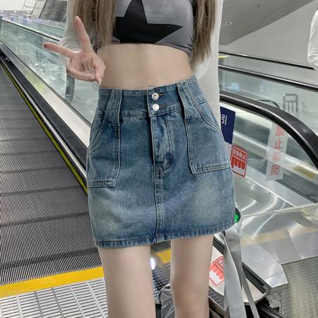 双扣短裙ins风复古半身裙女高腰a字防走光设计感小个子包臀牛仔裙  服裝批發女裝批發服飾貨源