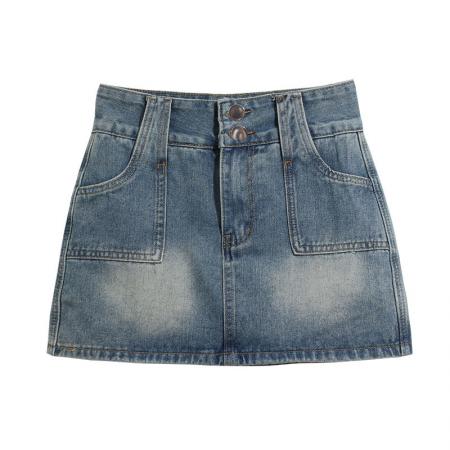 双扣短裙ins风复古半身裙女高腰a字防走光设计感小个子包臀牛仔裙  服裝批發女裝批發服飾貨源