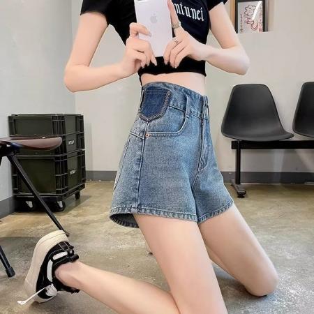 高腰撞色新款牛仔短裤女夏季薄款小个子a字宽松阔腿超热裤子  服裝批發女裝批發服飾貨源
