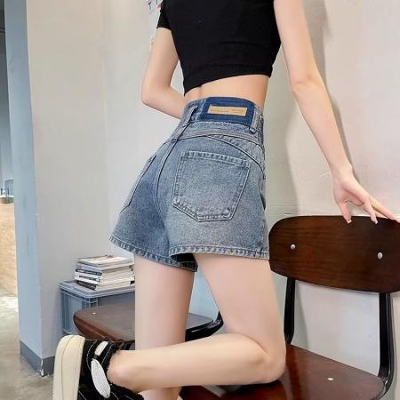 高腰撞色新款牛仔短裤女夏季薄款小个子a字宽松阔腿超热裤子  服裝批發女裝批發服飾貨源