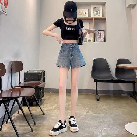 高腰撞色新款牛仔短裤女夏季薄款小个子a字宽松阔腿超热裤子  服裝批發女裝批發服飾貨源