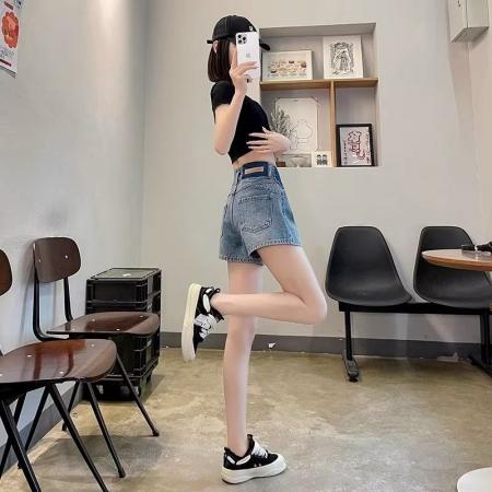 高腰撞色新款牛仔短裤女夏季薄款小个子a字宽松阔腿超热裤子  服裝批發女裝批發服飾貨源