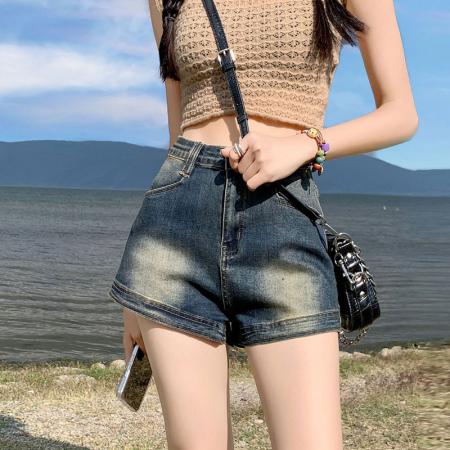 复古做旧牛仔短裤女美式ins风辣妹小众高腰弹力直筒a字包臀热裤子  服裝批發女裝批發服飾貨源