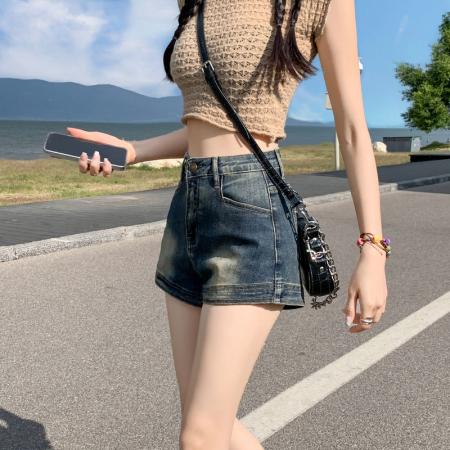复古做旧牛仔短裤女美式ins风辣妹小众高腰弹力直筒a字包臀热裤子  服裝批發女裝批發服飾貨源
