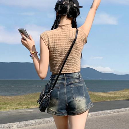 复古做旧牛仔短裤女美式ins风辣妹小众高腰弹力直筒a字包臀热裤子  服裝批發女裝批發服飾貨源