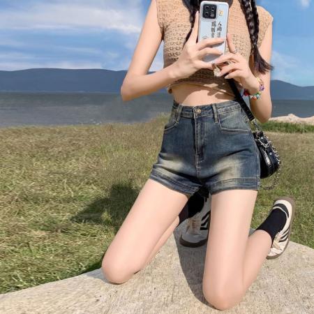 复古做旧牛仔短裤女美式ins风辣妹小众高腰弹力直筒a字包臀热裤子  服裝批發女裝批發服飾貨源