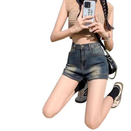 复古做旧牛仔短裤女美式ins风辣妹小众高腰弹力直筒a字包臀热裤子  服裝批發女裝批發服飾貨源