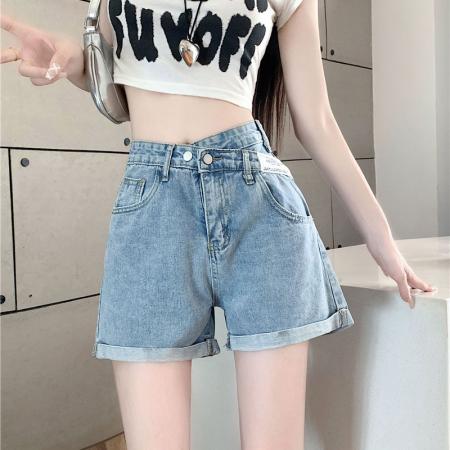 卷边不规则a字夏天百搭高腰宽松直筒ins风薄款斜扣交叉阔腿热裤子  服裝批發女裝批發服飾貨源