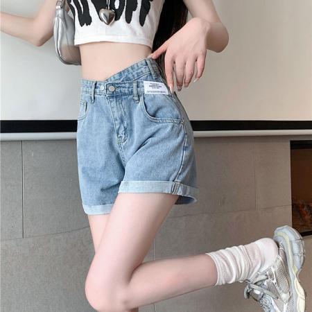 卷边不规则a字夏天百搭高腰宽松直筒ins风薄款斜扣交叉阔腿热裤子  服裝批發女裝批發服飾貨源