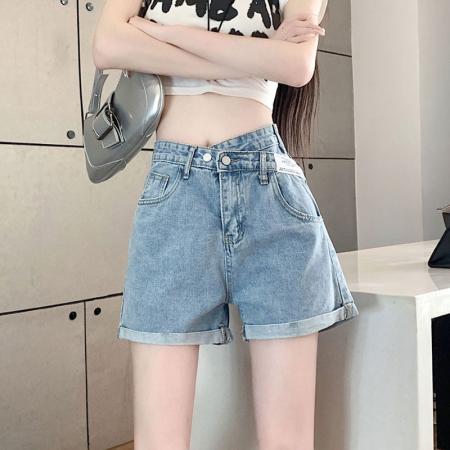 卷边不规则a字夏天百搭高腰宽松直筒ins风薄款斜扣交叉阔腿热裤子  服裝批發女裝批發服飾貨源