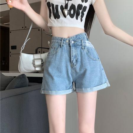 卷边不规则a字夏天百搭高腰宽松直筒ins风薄款斜扣交叉阔腿热裤子  服裝批發女裝批發服飾貨源