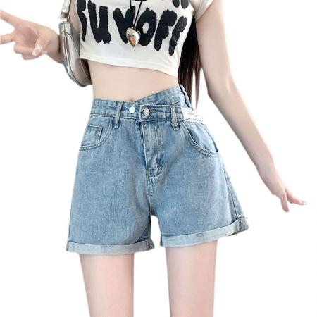 卷边不规则a字夏天百搭高腰宽松直筒ins风薄款斜扣交叉阔腿热裤子  服裝批發女裝批發服飾貨源