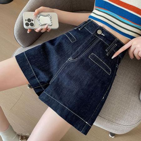 宁蓝牛仔短裤女薄款大码胖mm直筒高腰宽松a字明线阔腿热裤子夏  服裝批發女裝批發服飾貨源