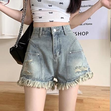 阔腿牛仔短裤女夏季薄款流苏大码美式宽松毛边高腰显瘦a字热裤子  服裝批發女裝批發服飾貨源