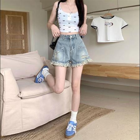 阔腿牛仔短裤女夏季薄款流苏大码美式宽松毛边高腰显瘦a字热裤子  服裝批發女裝批發服飾貨源