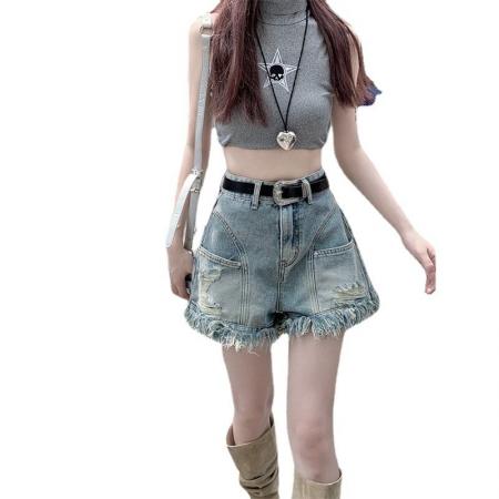 阔腿牛仔短裤女夏季薄款流苏大码美式宽松毛边高腰显瘦a字热裤子  服裝批發女裝批發服飾貨源
